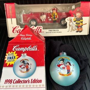 Campbell’s Firetruck Toy with Kid & Dog Figures and tree ornament